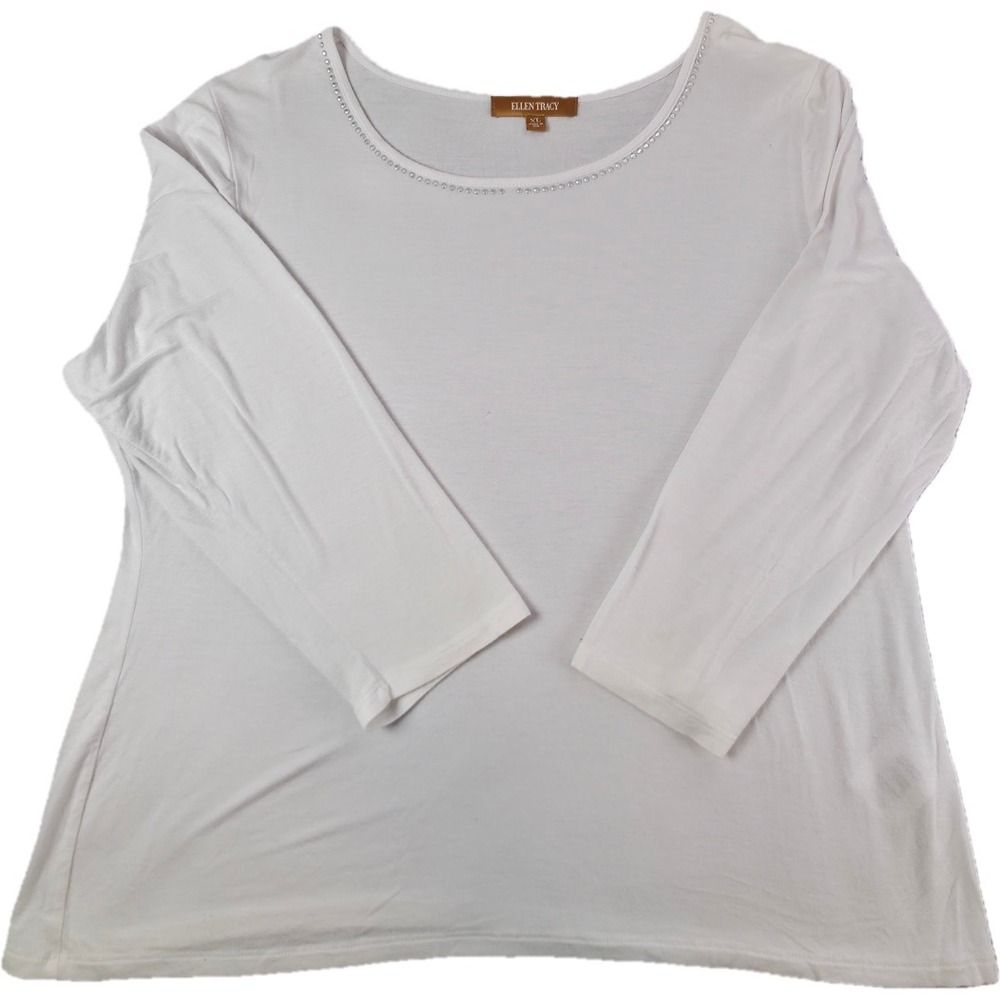 Ellen Tracy T-shirt Womens XL White Embellished Scoop Neck 3/4 Sleeve